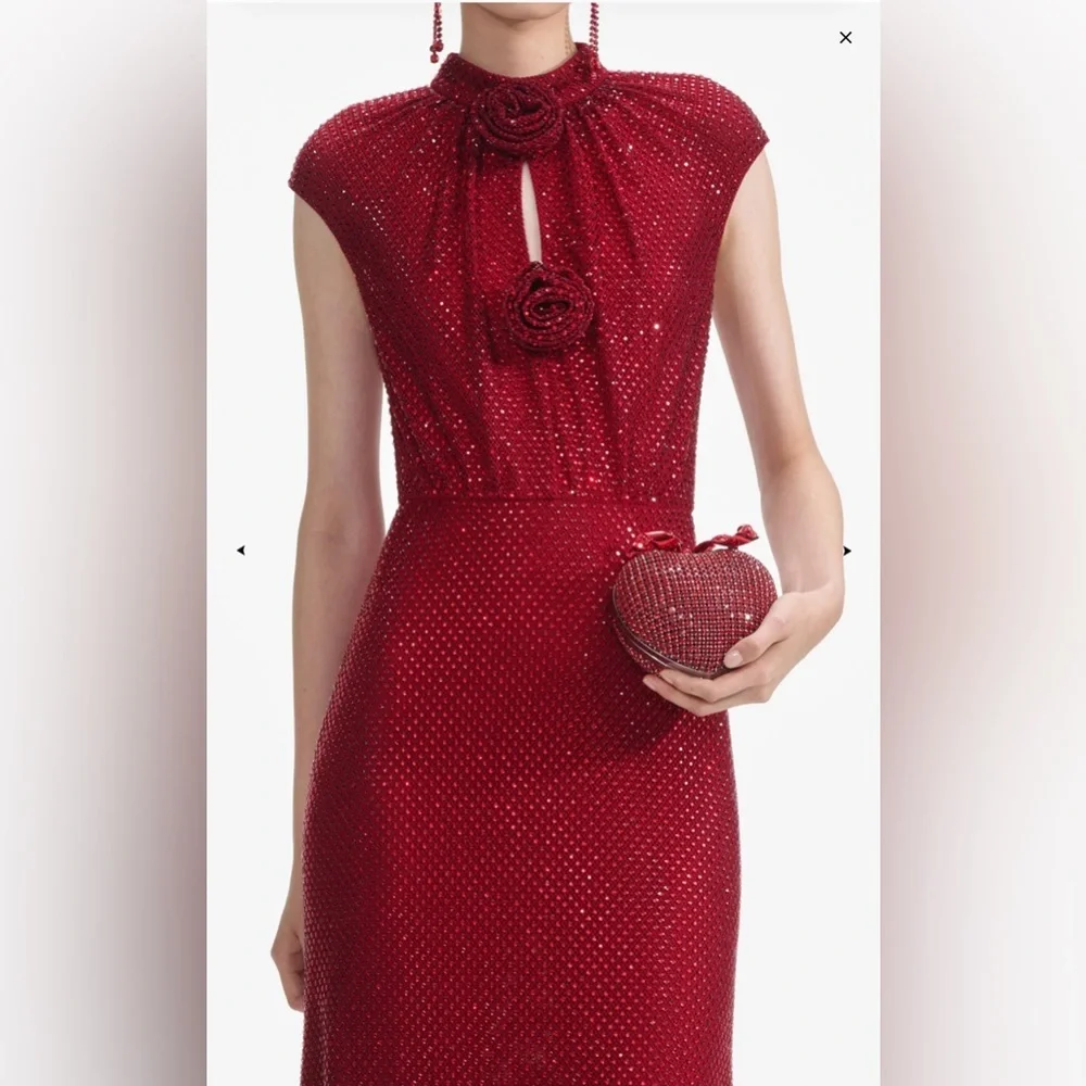 Self-Portrait Red Rhinestone Fishnet Midi Dress - Picture 6 of 10